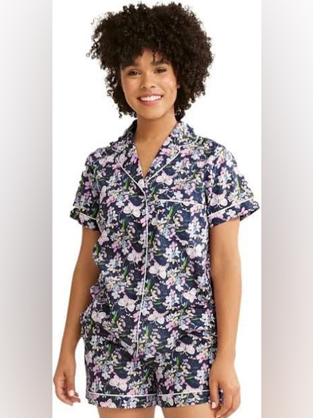 Vera Bradley Button Down Pajama Short Set 100% Cotton Butterfly Navy Pockets 3X
